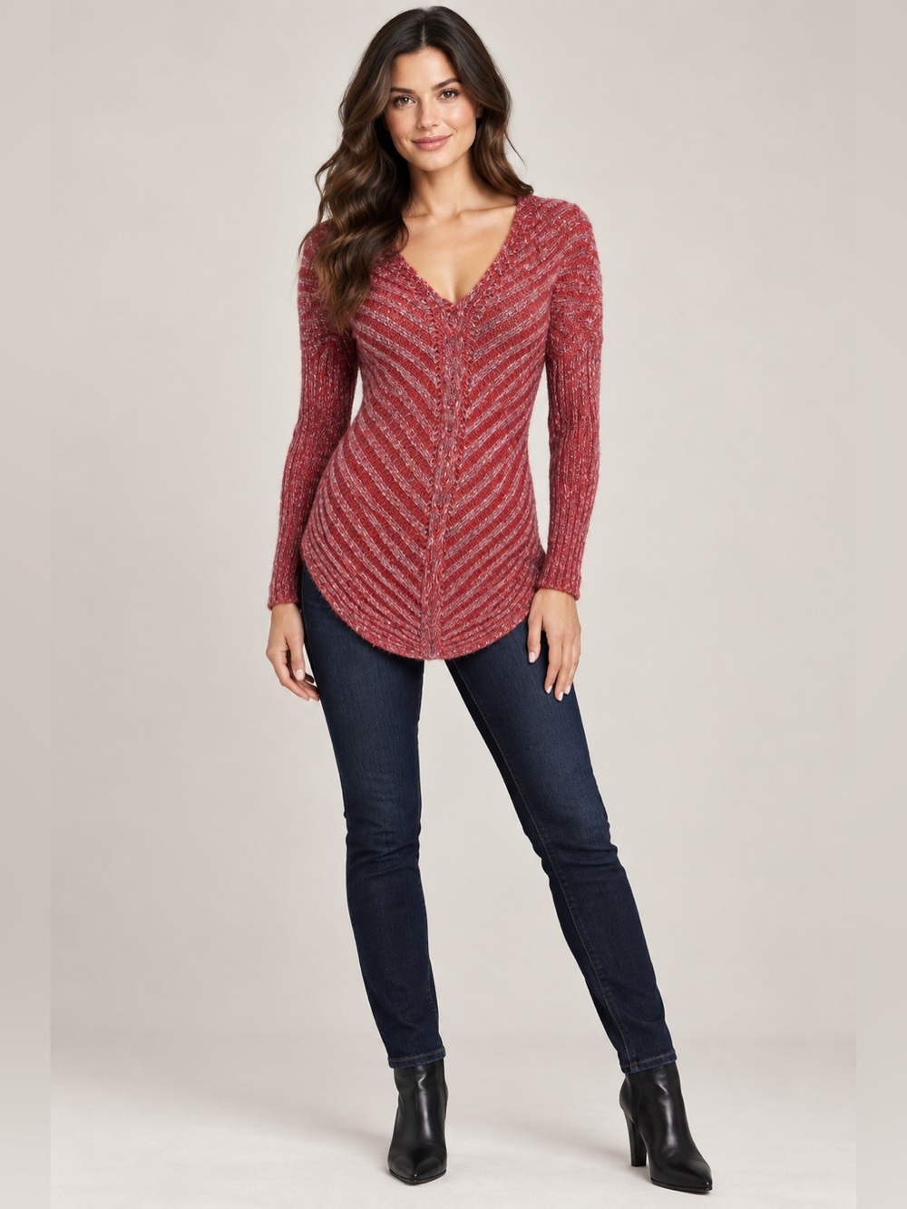 Bacci Red Gray Chevron Knit Tunic Sweater Long Sleeve